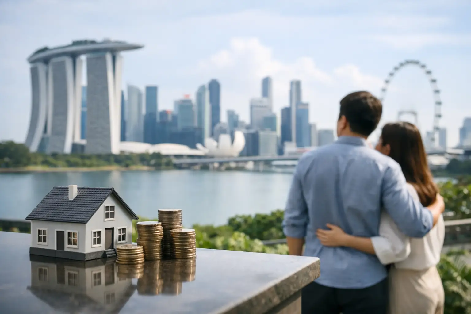 A couple looking out over the Singapore skyline, with a model house, stacked coins and keys on a ledge.