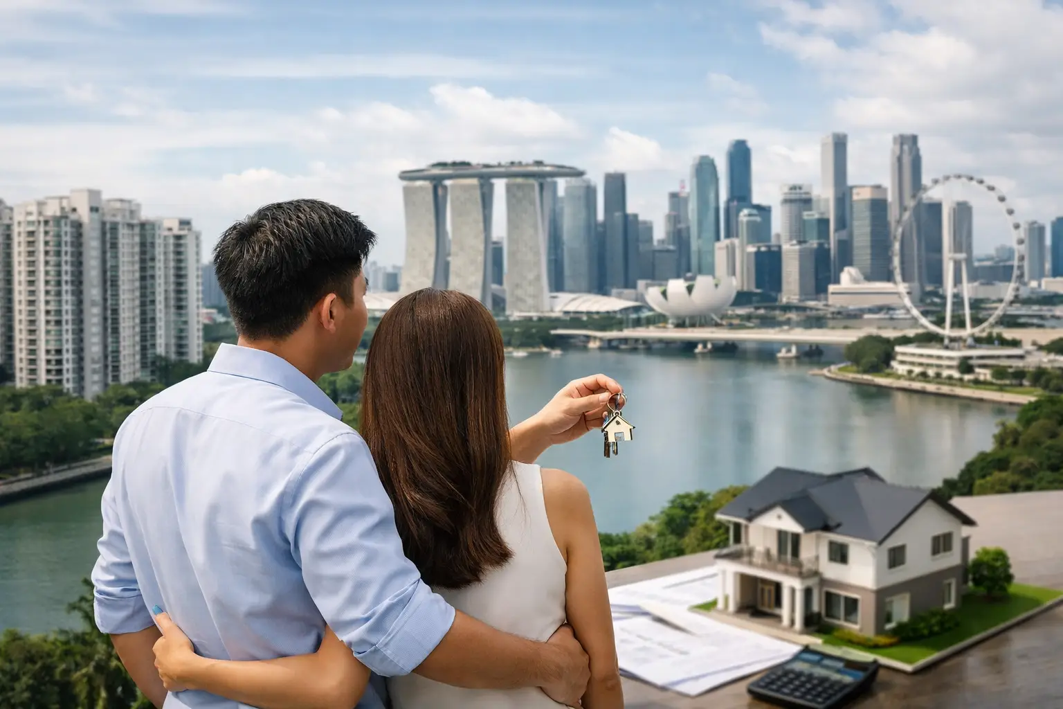 A couple holding house keys in front of the Singapore skyline, with a model home and paperwork beside them.