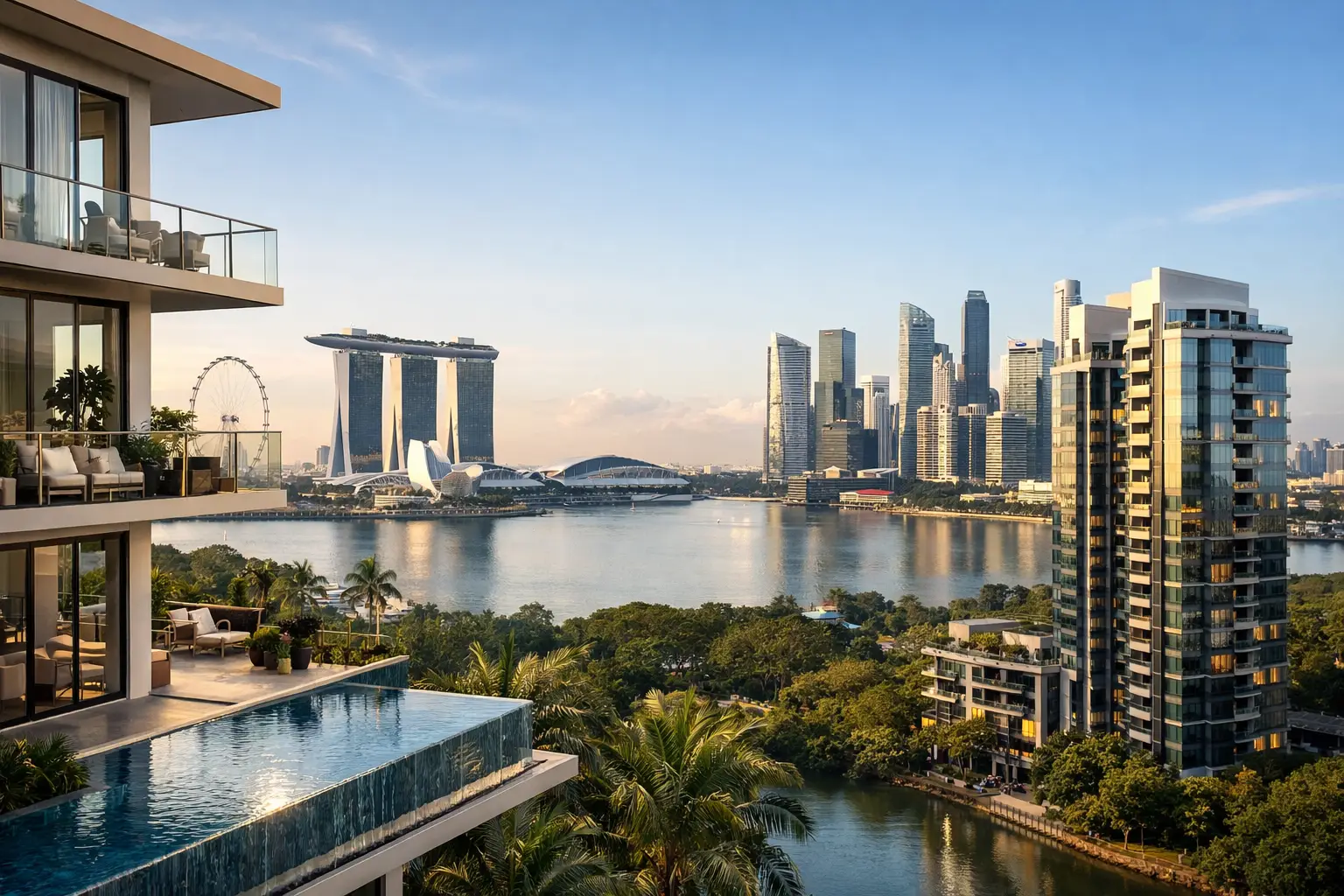 A Singapore city-fringe rooftop infinity pool, looking across to Marina Bay Sands, the Singapore Flyer and the CBD skyline.