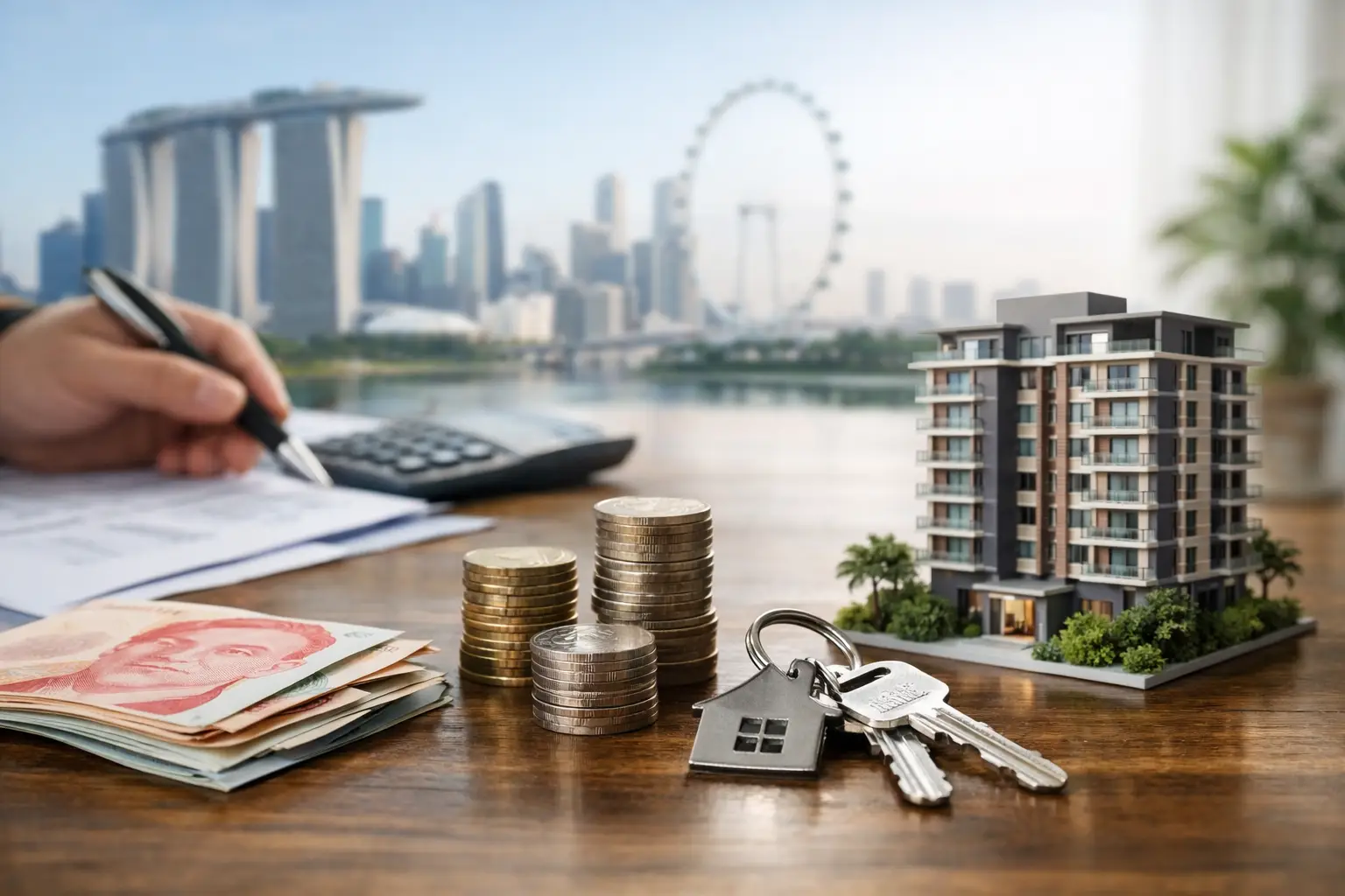 A model condominium, house keys, stacked coins and a calculator on a desk, with the Singapore skyline beyond.