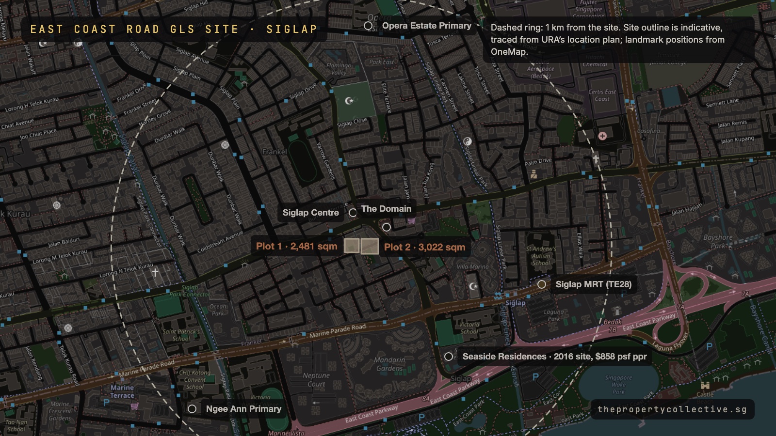 Map of the East Coast Road GLS site at East Coast Terrace in Siglap, with Siglap Centre, Siglap MRT, Seaside Residences and the schools within one kilometre marked