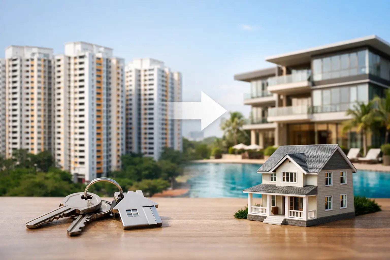 House keys in front of HDB blocks on the left and a private home on the right, with an arrow pointing from HDB to private.