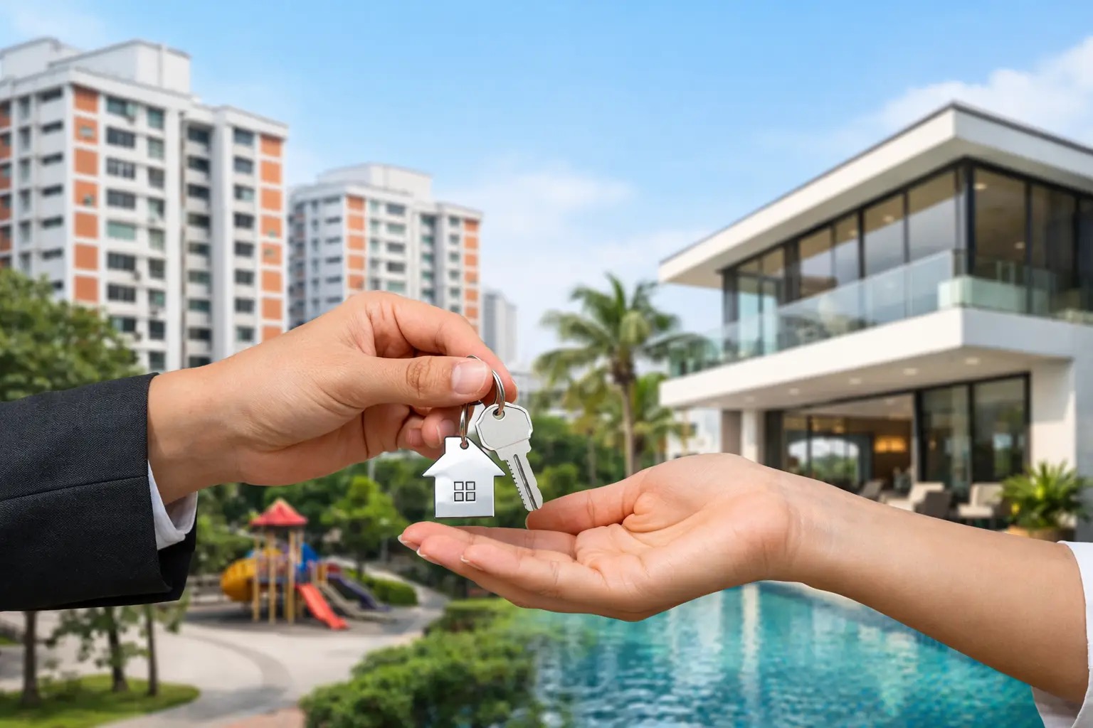 A property agent handing house keys to a client, with HDB flats and a private home in the background.