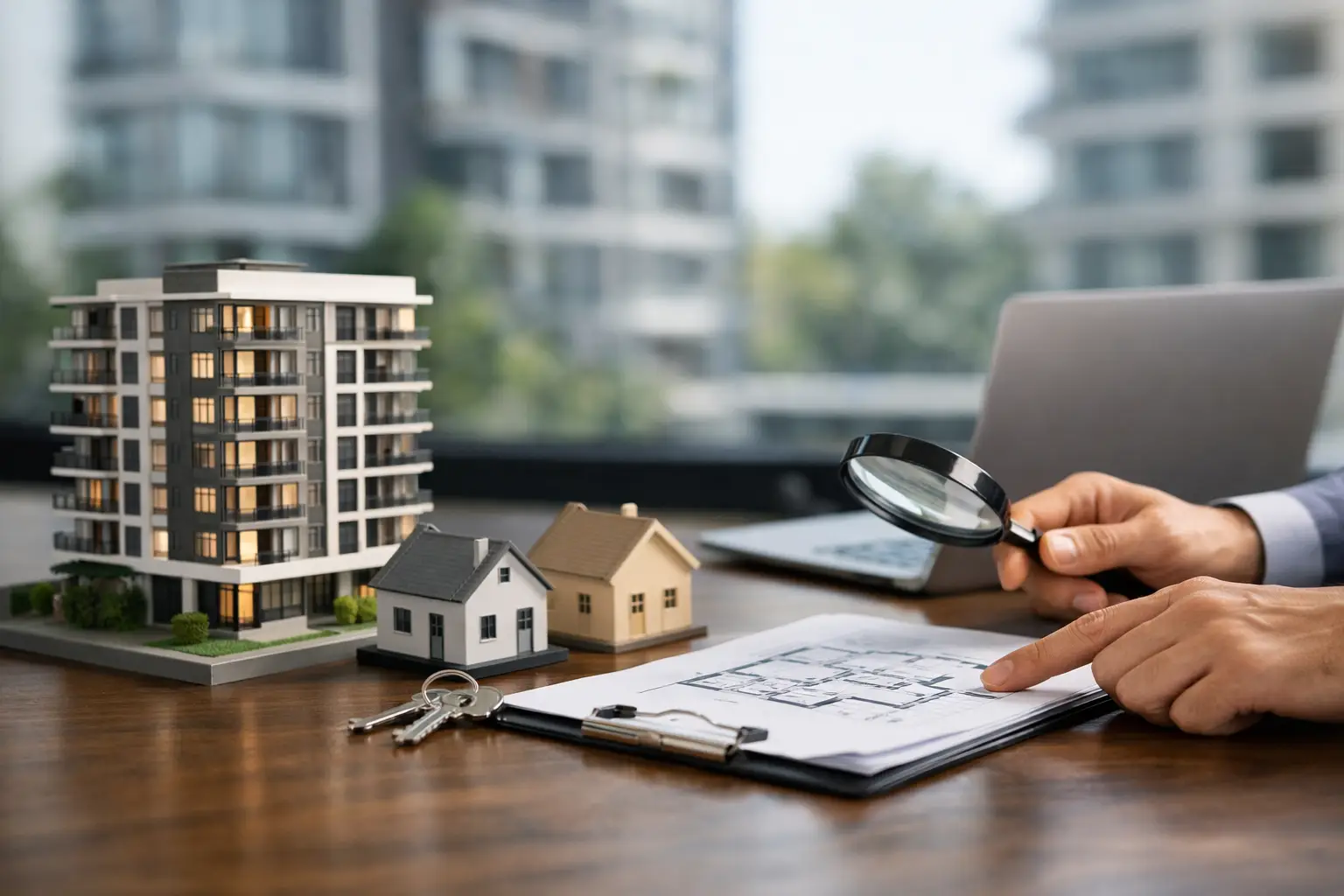 A model condominium beside a floor plan, keys, a calculator and a clipboard on a desk — the tools of a disciplined property assessment.