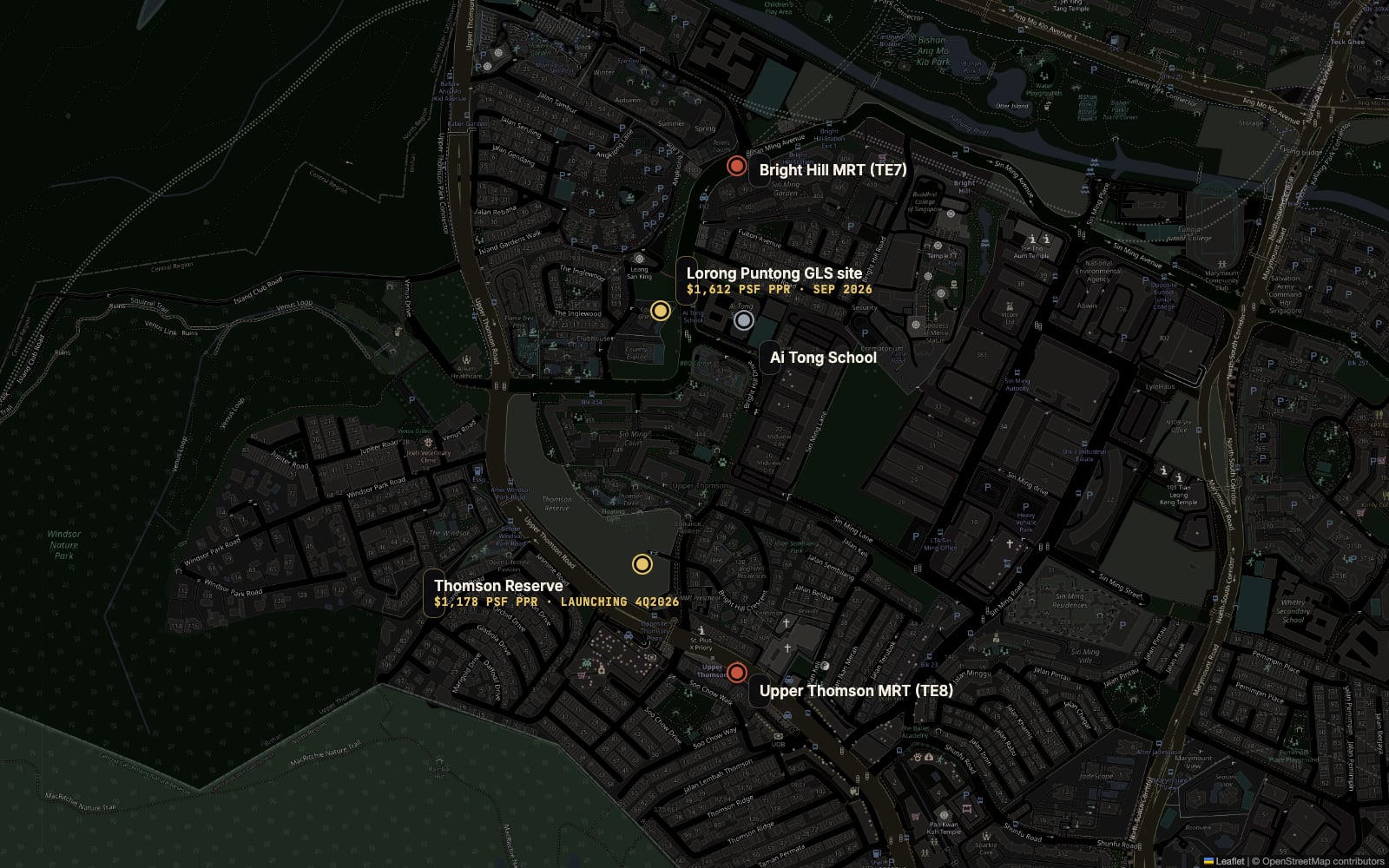 Map of the Thomson corridor showing the Lorong Puntong GLS site opposite Ai Tong School near Bright Hill MRT, and Thomson Reserve beside Upper Thomson MRT one station south