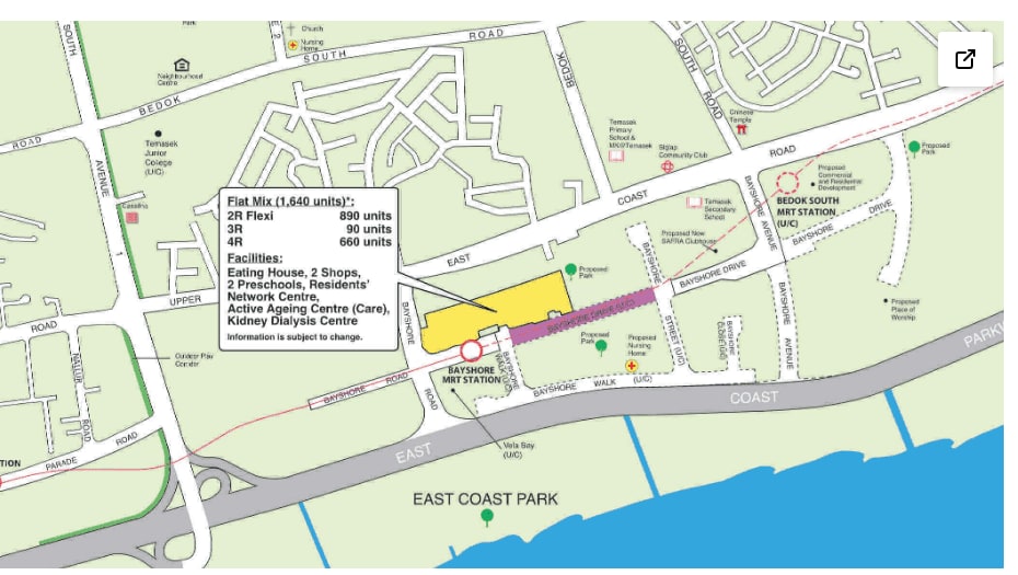 HDB town map of the 1,640-unit Bedok BTO site at Bayshore MRT station beside East Coast Park, November 2026 exercise