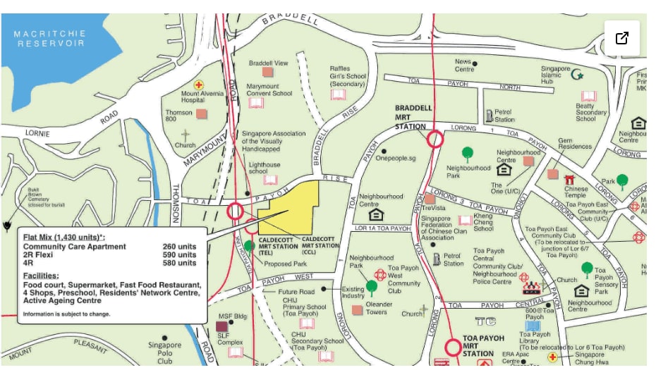 HDB town map of the 1,430-unit Toa Payoh BTO site at Caldecott MRT interchange, November 2026 exercise