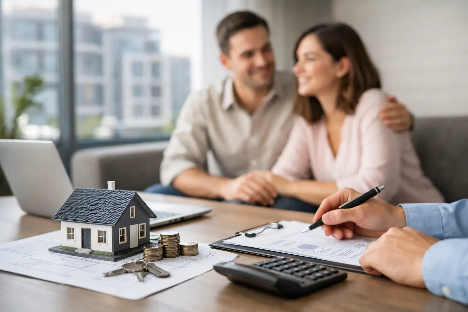 A couple at a table reviewing property figures with a calculator, a model house, stacked coins and a laptop.