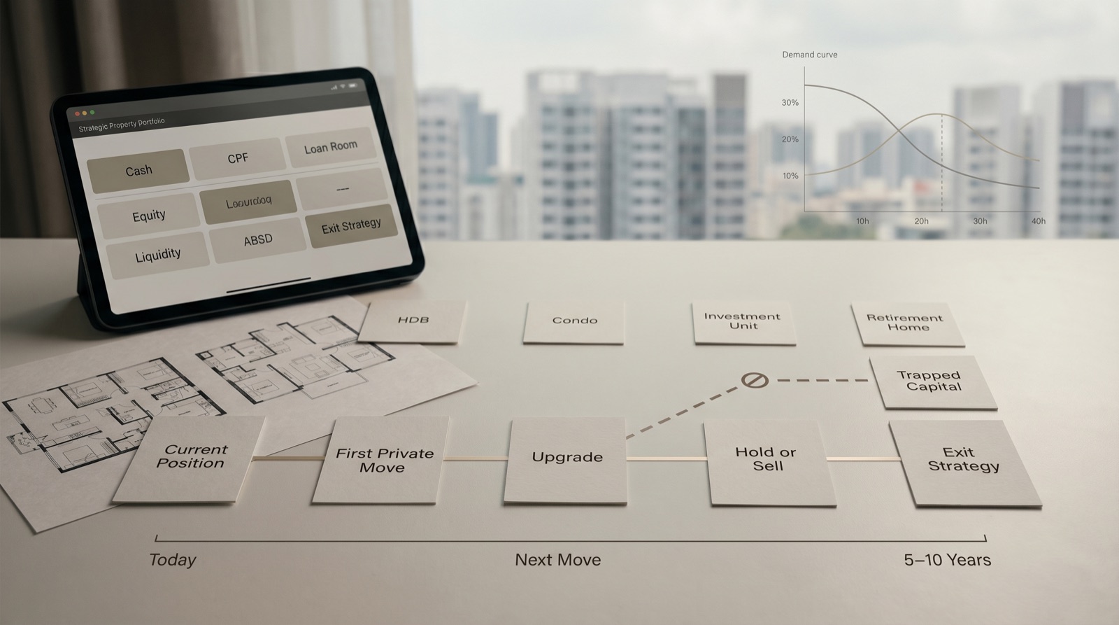A planning board mapping a Singapore property path from current position through first private move, upgrade, hold-or-sell and exit strategy across today to 5–10 years.