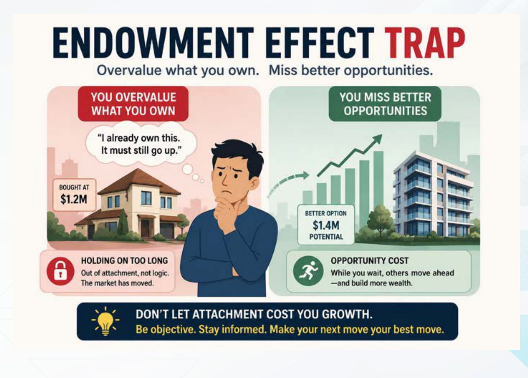The endowment-effect trap — overvaluing what you own on one side, missing the better opportunity on the other.