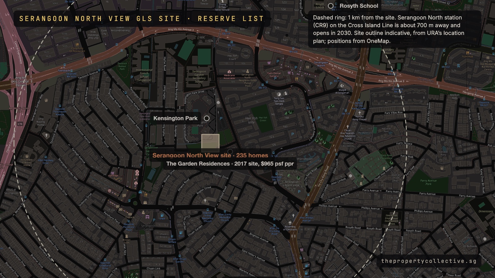 Map of the Serangoon North View Reserve List site beside The Garden Residences and Kensington Park, with the future Serangoon North MRT station and Rosyth School marked