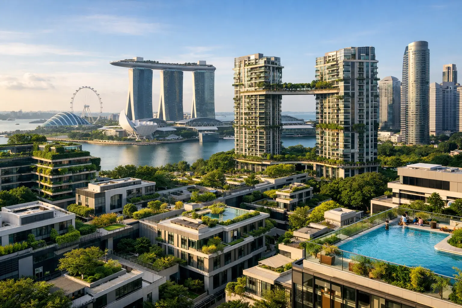 A Singapore city-fringe residential cluster with landscaped rooftop pools, the CBD skyline and Marina Bay beyond.