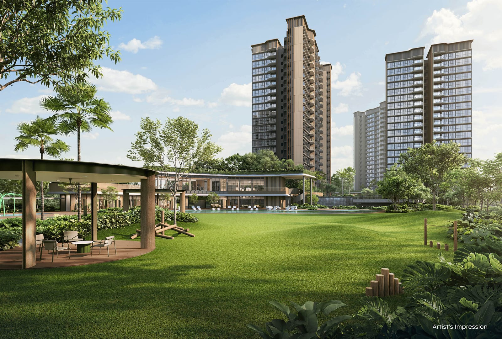Artist’s impression of Thomson Reserve’s central lawn and clubhouse with the residential towers behind