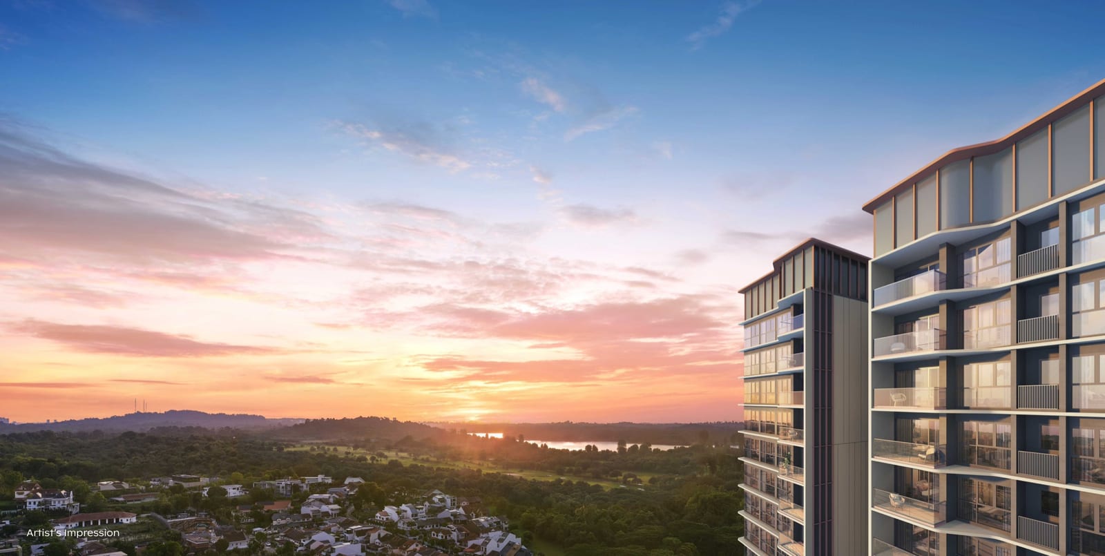 Artist’s impression of the dusk outlook from Thomson Reserve’s upper floors over the landed estates, water and green belt of Upper Thomson